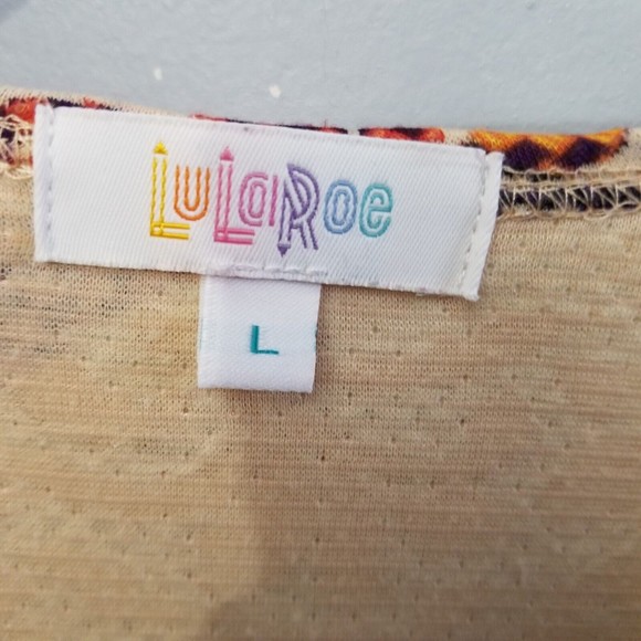 LuLaRoe Cardigan Long Duster Size L Beige Purple Open Front Patchwork - Picture 3 of 13